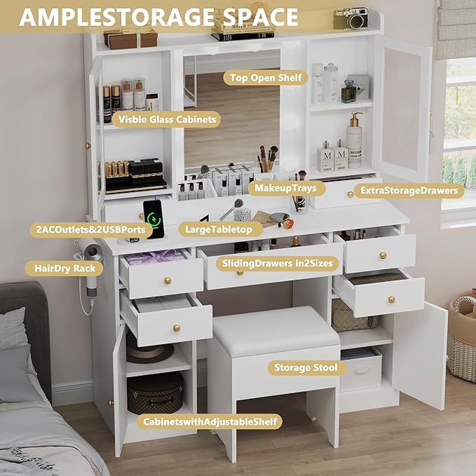 Makeup Vanity Desk with Mirror & LED Lights, Storage Drawers, Charging Station, Cabinets & Stool, Large Dressing Table with RGB Ambient Lighting for Bedroom & Vanity Room