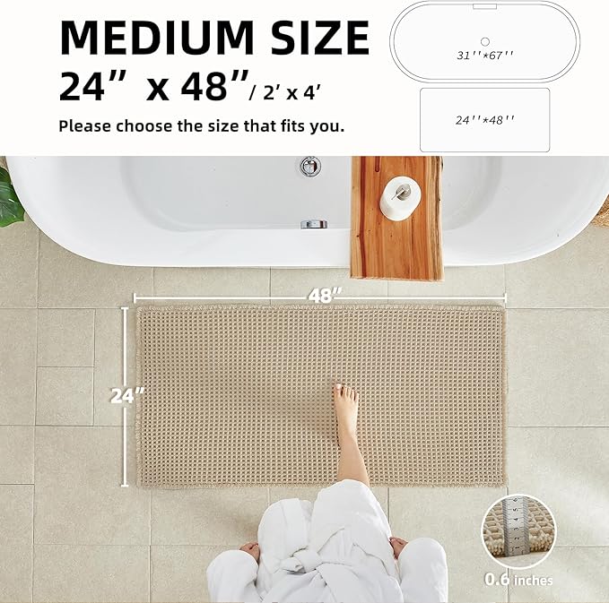 Pale Beige Bathroom Rug, Waffle Bath Mat Non Slip Washable Super Absorbent Quick Dry Boho Farmhouse Bathroom Decor, 48''x24'' Pale Beige