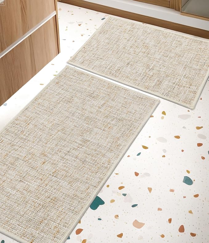 YIHOUSE Bathroom Rugs Sets 2 Pieces, Ultra Thin Non Slip Washable Bath Mat Sets, Absorbent Quick Dry Bath Mats for Bathroom Floor, Beige