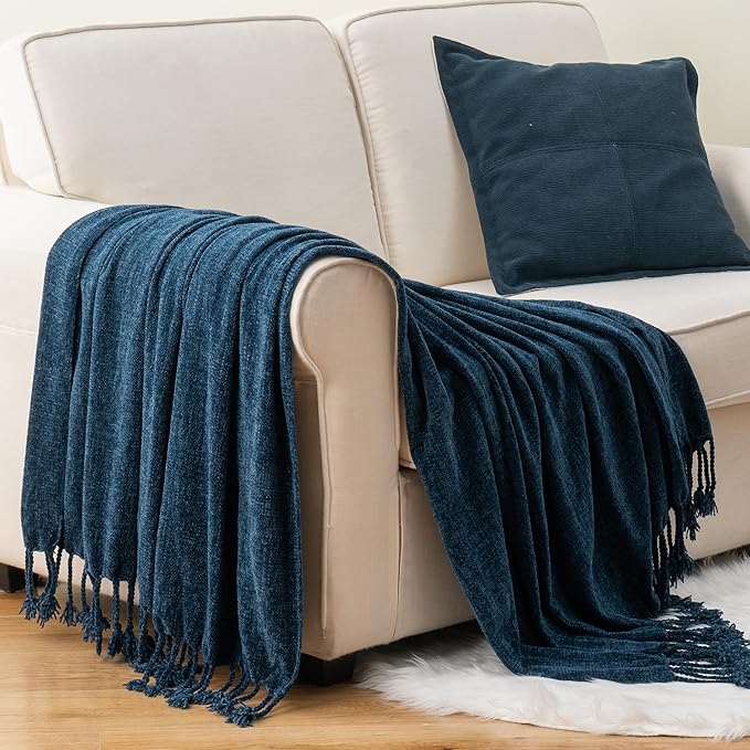 BATTILO HOME Navy Blue Throw Blanket for Couch, Bed, Sofa - Soft Cozy Chenille Throw with Fringe Tassels, Lightweight Knit Throw for Home Decor, 50"x60"