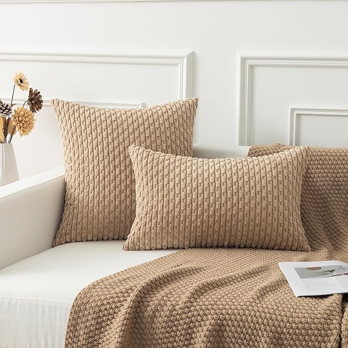 Kevin Textile Tan Throw Pillow Covers Soft Corduroy Decorative Set of 2 Boho Striped Pillow Covers Pillowcases Farmhouse Home Decor for Couch Bed Sofa Living Room 26x26 Inch