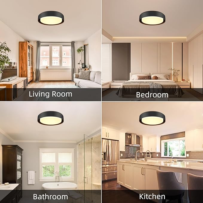 Hlite 13 inch Ceiling Light Fixture,Modern LED Flush Mount Ceiling Light,3000K/Warm White/24W,Dimmable 1920LM Rustic Indoor Room Decorative Ceiling Lights for Bedroom Kitchen, Black(1 Pack)