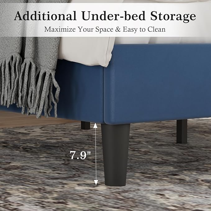 VECELO Queen Bed Frame with Upholstered Headboard, Heavy-Duty Platform Bedframe with Strong Wooden Slats Support, No Boxing Spring Needed, Dark Blue