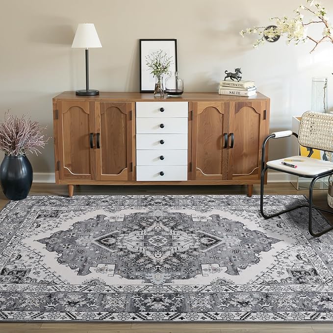 Living Room Rug 6x9 Rug, Machine Washable Area Rug Non Slip Low Pile Rug for Living Room, Bedroom, Farmhouse, Dining Room, Grey