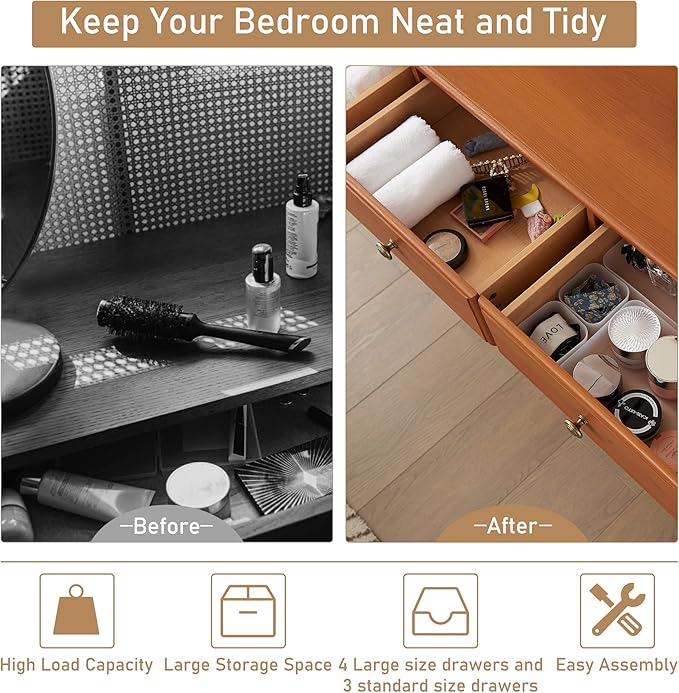 Farmhouse Dresser for Bedroom, 54" Modern 7 Drawers Dresser with Vintage Styles Pulls, Wood Rustic Closet Chest of Drawers for Living Room, Hallway, Cherry