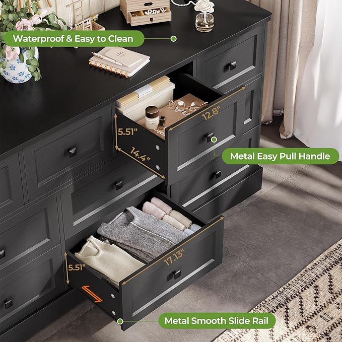 Hasuit Black Dresser for Bedroom with 10 Drawers, 55.2" Long Drawer Dresser with Charging Station, Farmhouse Dressers Chest of Drawer, Large Wooden Storage Tower Organizer, Dressers for Bedroom Closet