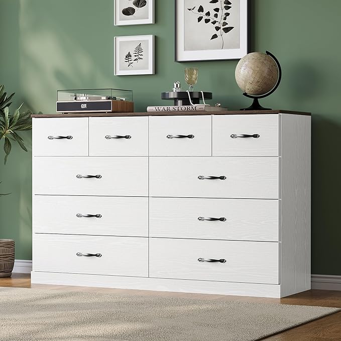 LINSY HOME 10 Drawer Dresser for Bedroom, 54" Wide Chest of Drawers, Modern TV Stand Dressers with Wood Frame and Metal Handles, Large Drawer Organizer for Bedroom, Living Room, White
