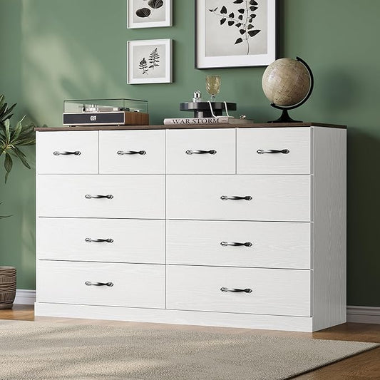 LINSY HOME 10 Drawer Dresser for Bedroom, 54" Wide Chest of Drawers, Modern TV Stand Dressers with Wood Frame and Metal Handles, Large Drawer Organizer for Bedroom, Living Room, White