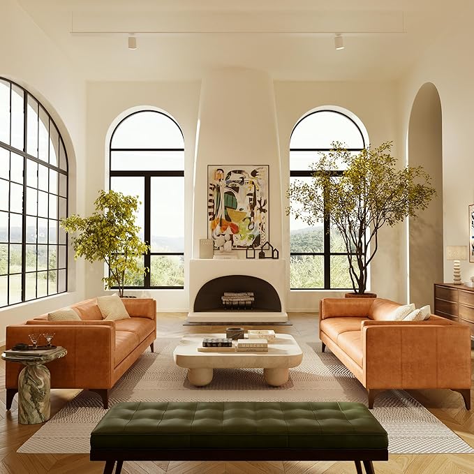 POLY & BARK 55" Tufted Leather Bed Bench for Bedroom End of Bed - Living Room Entry Way Bench - Pure Italian Leather Upholstery with a Solid Wood Frame - Ottoman Bench with Wooden Legs - Olivine Green