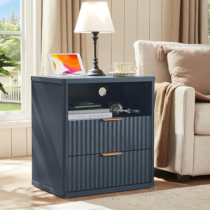 LEYAOYAO Fluted Nightstand with Charging Station, 23" Wide 2 Drawers End Table, Blue Night Stand with Open Storage Cabinet, Farmhouse Bed Side Tables, Wood Dresser for Bedroom, Living Room, Closet