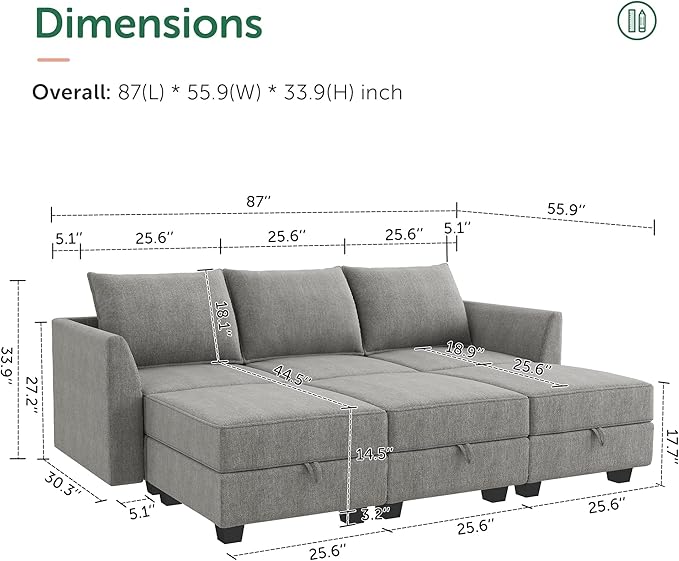 HONBAY Modular Sectional Sleeper Sofa with Storage 6 Piece Modular Sleeper Couch Reversible Sleeper Sectional Couch for Living Room, Grey