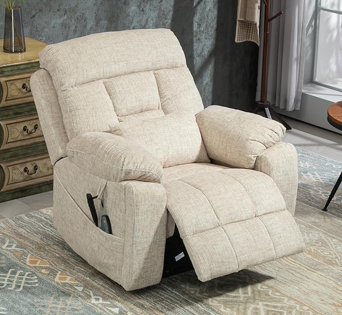 Large Power Lift Recliner Chair with Massage and Heat for Elderly, 26in Extra Wide Recliner Chair with Cup Holder Support Big and Tall People, 400lbs Capacity Adults (Cream Chenille)