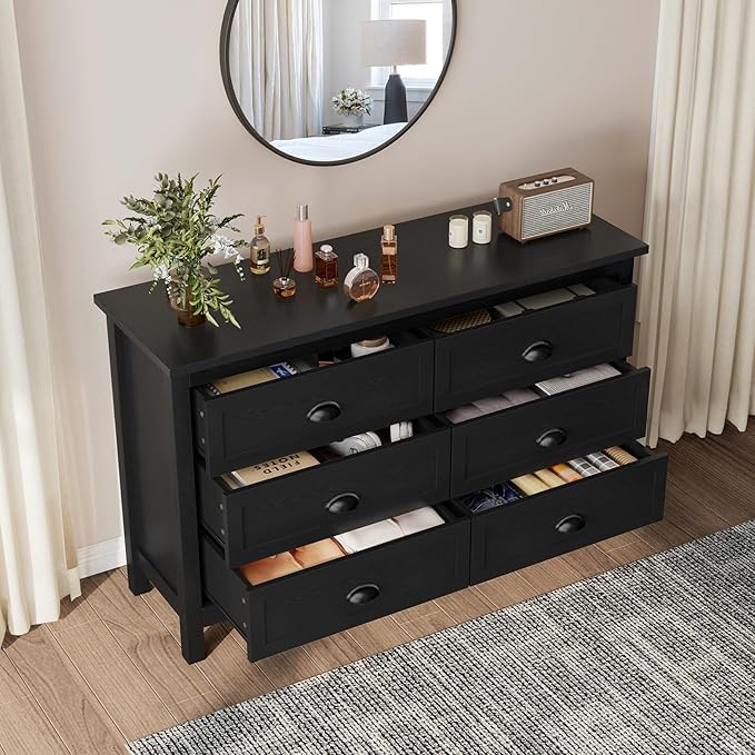 Black Dresser for Bedroom, Farmhouse 6 Drawer Double Dresser with Vintage Antique Handles, Modern Dressers and Chest of Drawers for Bedroom