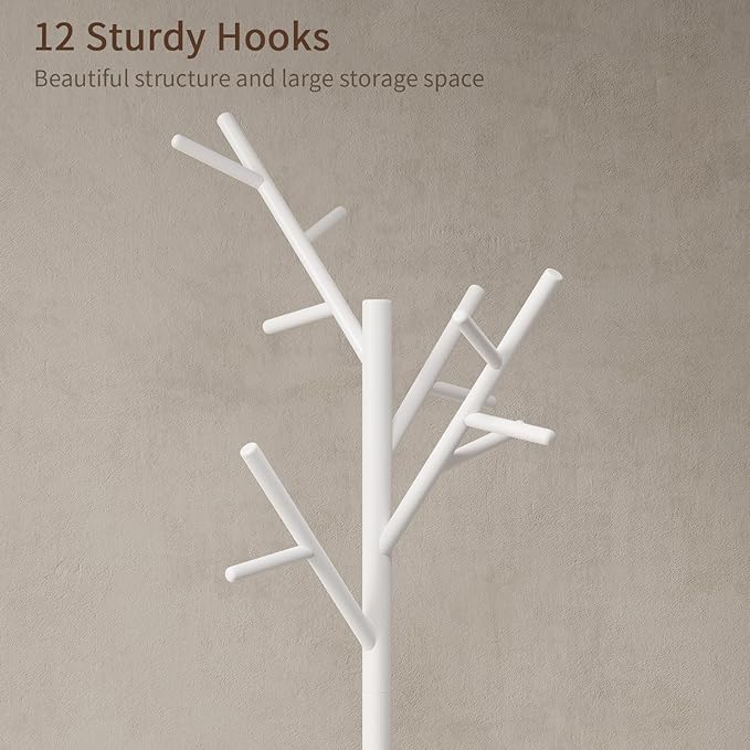 Coat Rack, Solid Wood Coat Rack Freestanding with 12 Hooks, Coat tree freestanding 3 Adjustable Heights for coat, Hats, Handbags，Coat Stand for Entryway,Bedroom (White)
