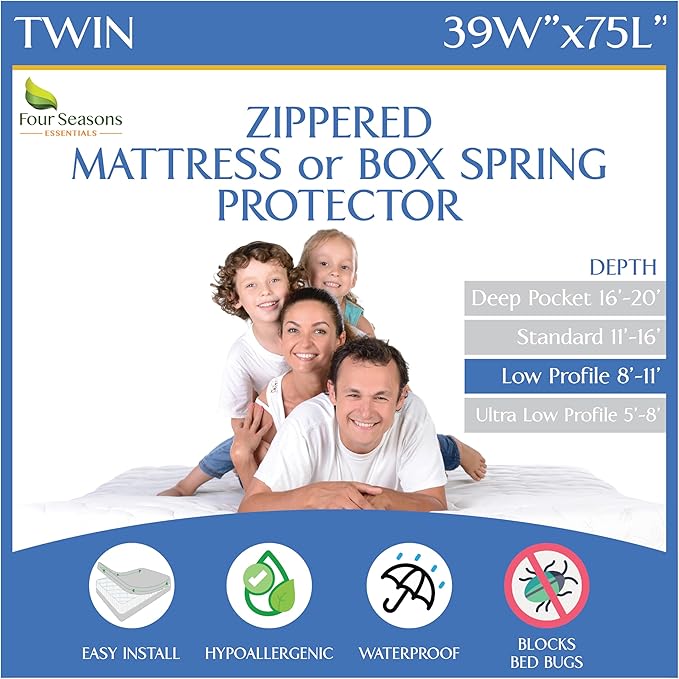 Twin Size Mattress or Box Spring Encasement (8"-11" Depth) Waterproof Zippered Protector Hypoallergenic Premium Single Size Bed Cover Protects from Dust White