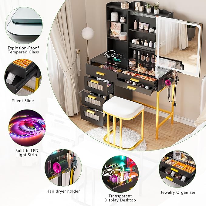 HENBC Vanity Desk with Sliding Mirror and Glass Desktop, LED Vanitys Mirror with RGB Lights Desk and Chair, Dressers Table Set with Charging Station/Makeup Organizer/6 Drawers for Bedroom(Black)