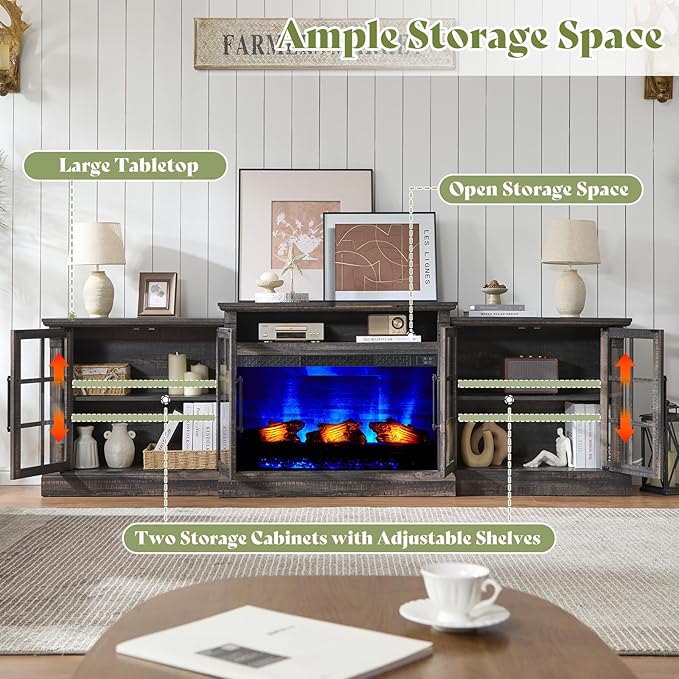 AMERLIFE 97" Farmhouse Fireplace TV Stand, Entertainment Center with Large Storage Space and Adjustable Shelf, Media Console for Living Room, Black