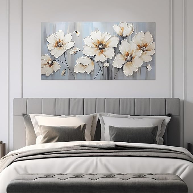 Large Canvas Wall Art Modern Wall Decor White Flower Theme Picture Wall Art with Frame Canvas Decorative Artwork Living Room Bedroom Home Office Hangable Decorative Painting Size 24x48 B