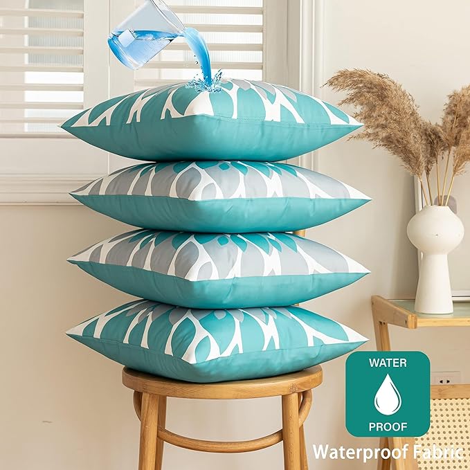 Qahing Pack of 4 Outdoor Waterproof Pillow Covers 20x20 Decorative Outdoor Throw Pillows Garden Square Cushion Cases for Patio Furniture, Couch, Tent Sunbrella, Bench, Teal Turquoise Grey
