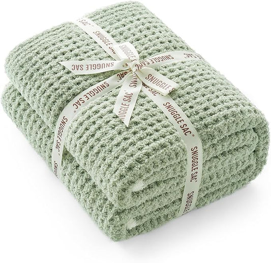 Snuggle Sac Ultra Soft Waffle Throw Blanket for Couch Bed Sofa 50x60 inches, Reversible Sage Green Blanket Microfiber Fluffy Fuzzy Cozy Knit Throws for Women Mothers Birthday Gifts