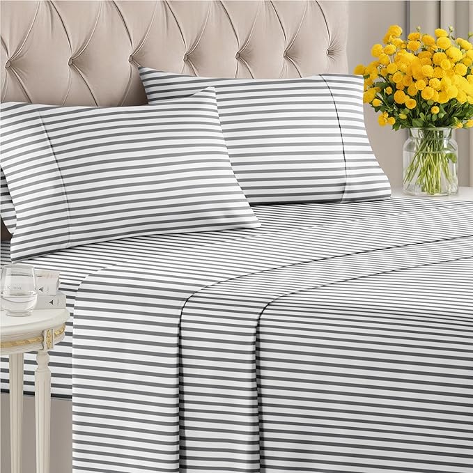 Striped Sheets - Grey Striped Sheets - 1 Flat & 1 Fitted & 2 Pillowcases w/ Deep Pockets – Comfy, Wrinkle & Fade Free - Ultra-Soft, Breathable & Cooling – Luxury Pinstripe Bedding - Queen Size Bed Set