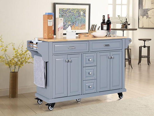 Generic 60.5"" Kitchen Island on Wheels, Rolling Island Table for Kitchen with Double Storage Cabinet and 5 Drawers, Portable Kitchen Cart with Rubber Wood Top, Grey, Large
