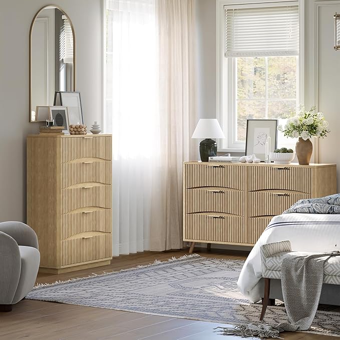 Fluted 5 Drawers Dresser, 47" Tall Wooden Dressers Storage Organizer,Modern Chest of Drawers for Bedroom with Deep Storage, Living Room,Entryway, Natural Oak