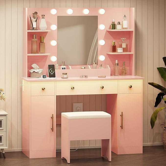Vanity Desk with Mirror and Lights,Pink Makeup Vanity with Charging Station & Vanity Stool, 3 Drawers and Cabinets White Vanity Mirror with RGB LED Lights Vanity Desk and Chair for Women