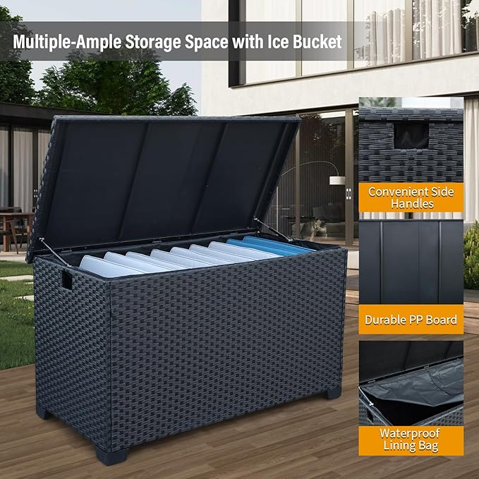 150 Gallon Patio Storage Bin with Waterproof Lining Bag Large Deck Storage Box Patio Storage Box Cushion Storage Bin Outdoor, Black Wicker