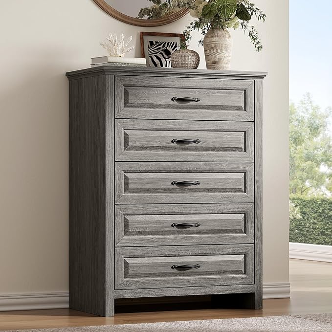 Amada 5 Farmhouse Dresser for Bedroom with Wood Drawers, Anti-Tip Design for Safety and Stability, Large Drawers, Rustic Farmhouse Chest of Drawers for Bedroom, Hallway, Gray