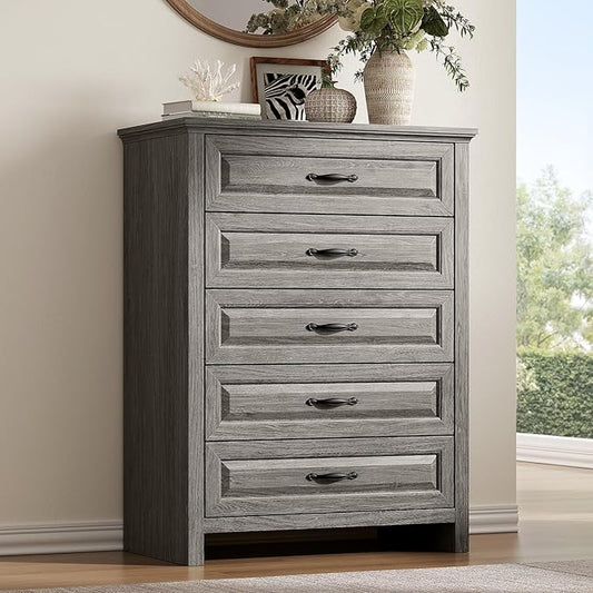 Amada 5 Farmhouse Dresser for Bedroom with Wood Drawers, Anti-Tip Design for Safety and Stability, Large Drawers, Rustic Farmhouse Chest of Drawers for Bedroom, Hallway, Gray