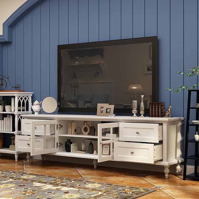 70.9" W Vintage TV Stand with Glass Doors for Televisions up to 75", Modern Entertainment Center Media Console Table with Drawers & Carved Legs for Living Room & Home Theater, White