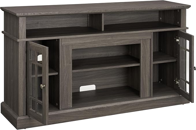 HMFULE 58" TV Stand with Storage for 55 60 65 inch Television, Entertainment Center 2 Glass Doors & Adjustable Shelves, Engineered Wood Modern Farmhouse Living Room Bedroom Furniture (Dark Walnut)