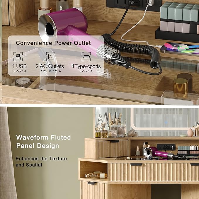 48'' Modern Vanity Desk with HD Triple Mirror & Lights,Large Corner Vanity Table with Glass Top, Charging Station,1Multifunctional Drawers & 2 Small Drawers, Dressing Table Set with 2 Cabinets, Oak