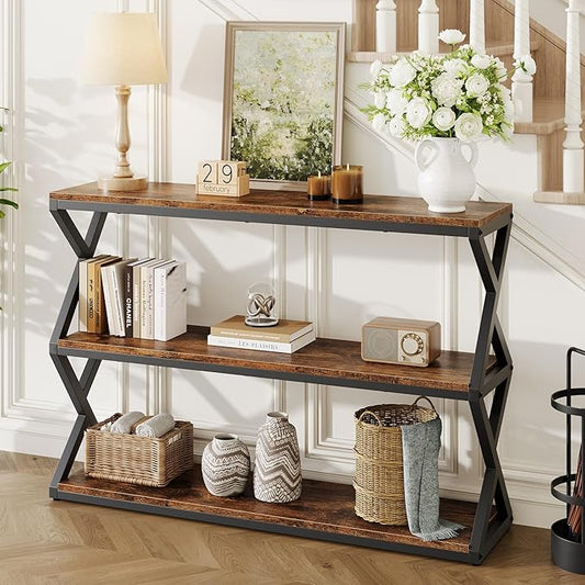 47.2 Inch Rustic Console Table, Industrial Entryway Table with 3-Tier Shelves - Long Hallway Sofa Table, TV Stand & Media Center for Living Room, Vintage Brown