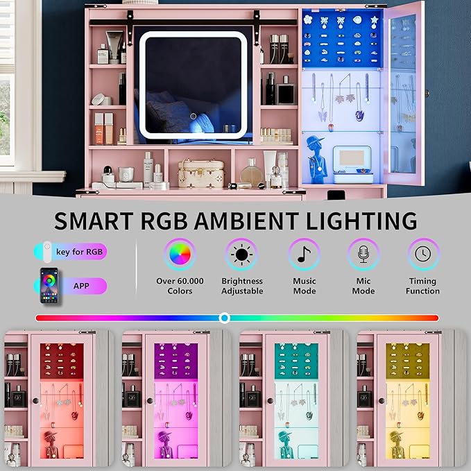 Makeup Vanity Desk with Sliding Mirror and Lights, Farmhouse Vanity Table Set with Power Outlet & RGB Cabinet, Dressing Table with Storage Drawers & Shelves for Kids Girls Women Bedroom, Pink