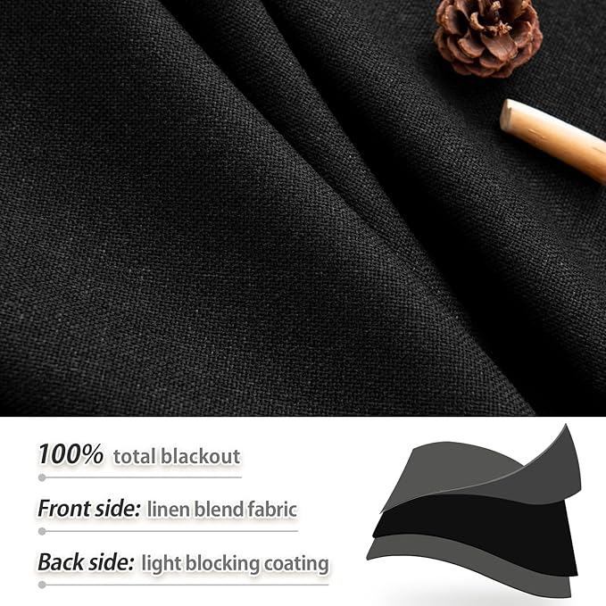 Short Curtains for Windows Bathroom, 100% Blackout Linen Boho Back Tab Pleated Cafe Curtains for Kitchen Bedroom, 45 Inch Length 2 Panels Set, Black