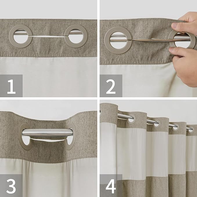 No Hooks Needed Linen Textured Shower Curtain with Snap-in Fabric Liner Set,Hotel Luxury Decor Shower Curtains for Bathroom with Mesh Top Window,Waterproof & Washable,71Wx74H,Khaki/Tan