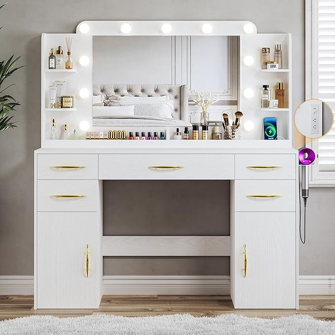 Makeup Vanity Desk with Lights, 45.5" Large Vanity with Mirror and Lights in 3 Models, Vanity with Power Outlet, Vanity Desk with 5 Drawers, 2 Cabinets, Shelves for Bedroom, White