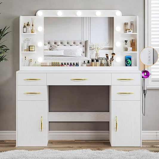 Makeup Vanity Desk with Lights, 45.5" Large Vanity with Mirror and Lights in 3 Models, Vanity with Power Outlet, Vanity Desk with 5 Drawers, 2 Cabinets, Shelves for Bedroom, White