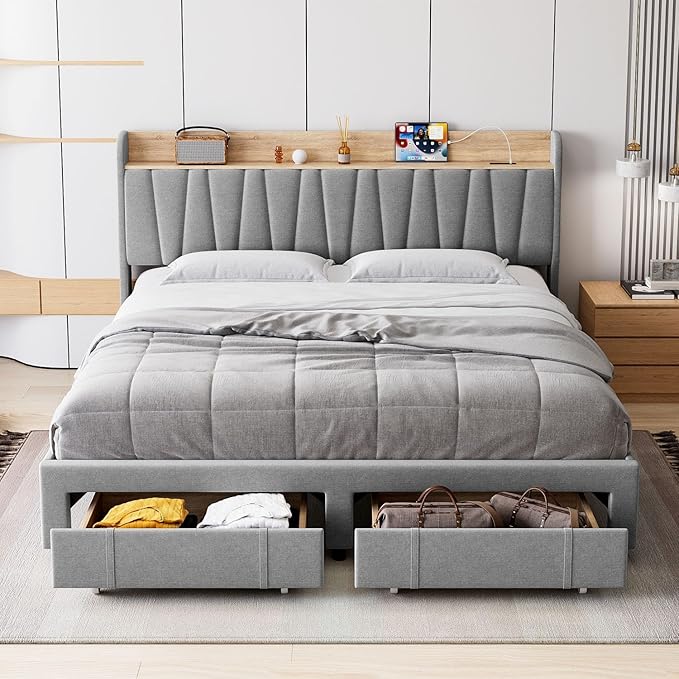 GarveeHome King Size Bed Frame with Storage Headboard, Upholstered Platform Beds with Drawers, Charging Station, Noise-Free, No Box Spring Needed, Easy Assembly, Light Grey