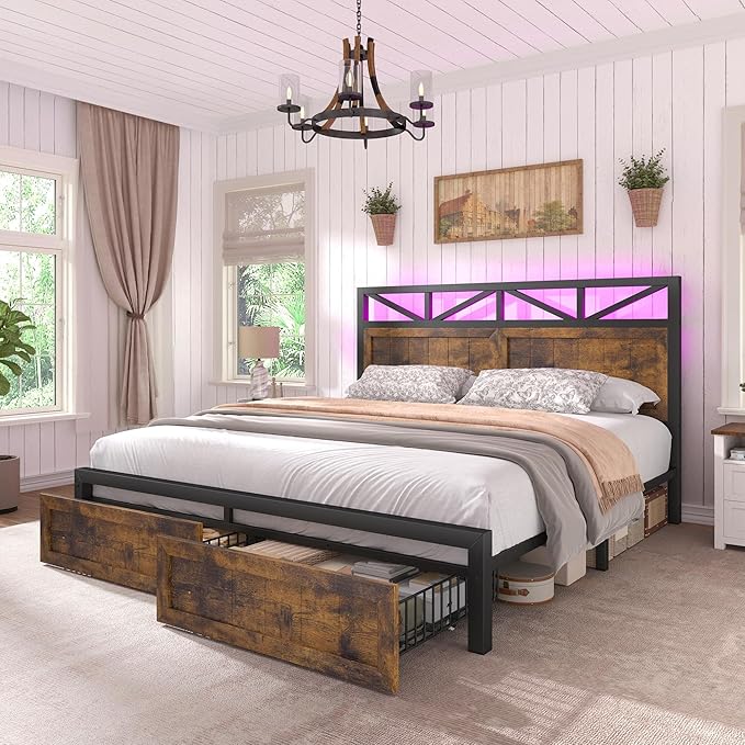 EnHomee Full Size Bed Frame with Headboard and Storage, 2 Drawers & LED Light Built in Charging Station,NO Noise,No Box Spring Needed,Brown