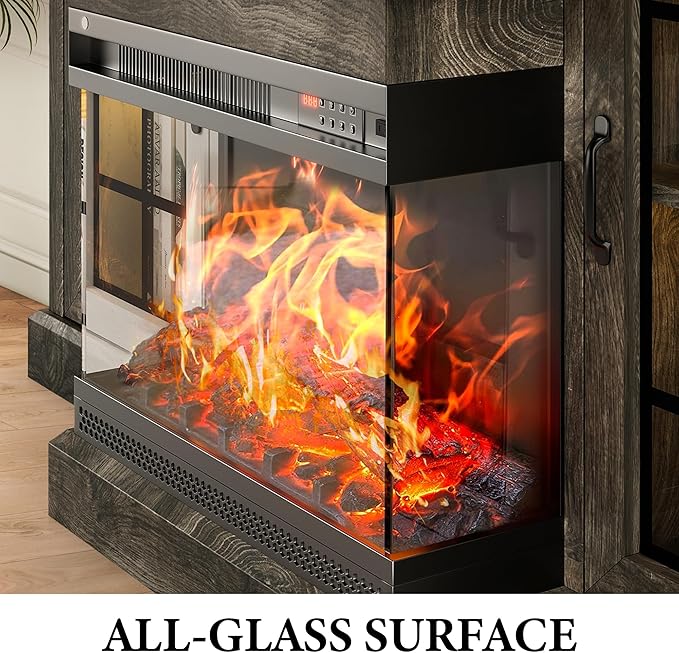 MXV 59'' Fireplace TV Stand, Farmhouse Entertainment Center with 3 Sided Glass TV Stand, Modern Media Console Table with Storage Drawers & Cabinets with LED Flame and Lights for Living Room, Gray