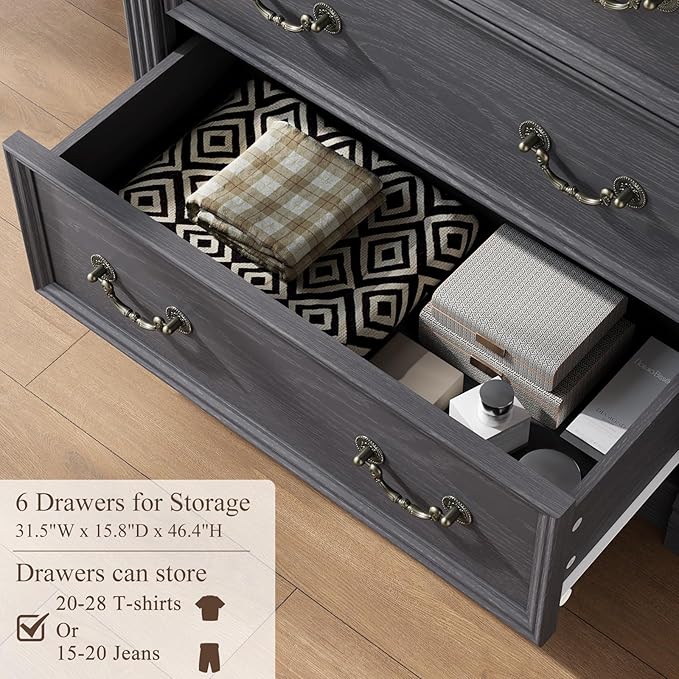 Grey 6 Drawer Dresser for Bedroom, 47" Tall Dresser, Wood Rustic Chest of Drawers with Chic Wood Pilasters, Dressers Organizer for Bedroom, Hallway, Living Room