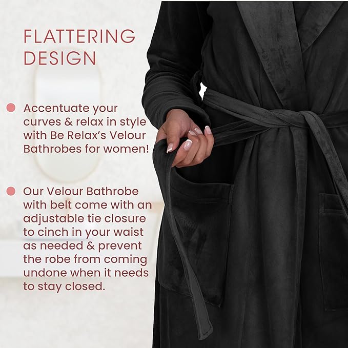 Be Relax Terry Velour Robe - Made of Polyester, Shawl Collar Robe with Belt & Side Pockets, Soft & Warm Bathrobe for Women
