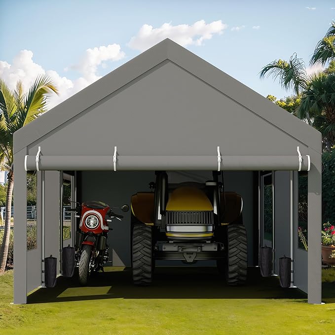 JY QAQA Carport, 10x20 FT Heavy Duty Carport Reinforced Steel Poles with Removable Sidewalls & Doors,Roll-up Windows Car Canopy with Sandbags and All-Season Tarp for Car Boat Truck Motorcycle