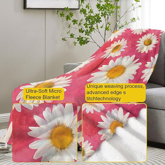 Daisy Flannel Blanket, Pink Daisy Gifts, Floral Blanket for Women, Soft Lightweight Throw Blankets for Bed Home Travel Decor 50" x 60"