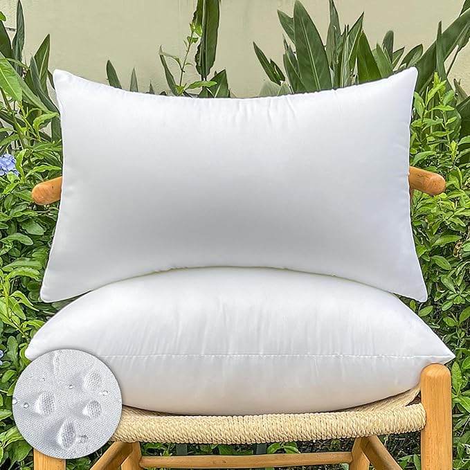 12x20 Inch Outdoor Throw Pillow Inserts, Pack of 2 - Premium Water-Resistant Lumbar Pillows Stuffer for Patio Furniture, Chairs, Sofa &Porch Swing -Indoor/Outdoor Decorative Pillows - White