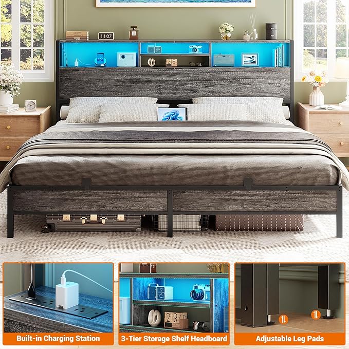 Aheaplus Headboard for King Size Bed with Storage, Headboards with Outlets, USB Ports and LED Light, King Size Head Board Only, Height Adjustable, Reversible, Sturdy and Stable Headboard, Black Oak