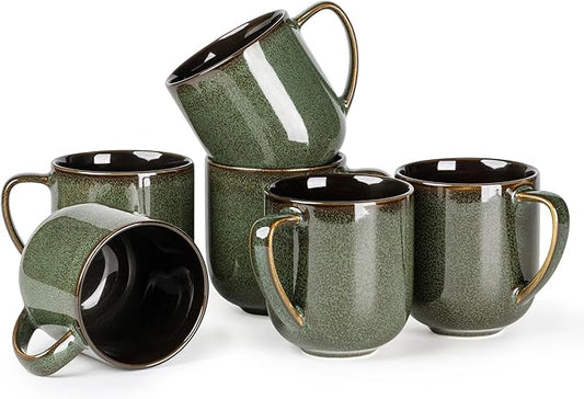 LERATIO 12OZ Ceramic Coffee Mugs Set of 6, Large Porcelain Coffee Cups With Large Handle For Latte,Cappuccino,Milk,Cocoa,|Dishwasher&Microwave Safe Mug Sets,Ideal for Man,Woman,Dad, Mom-Green